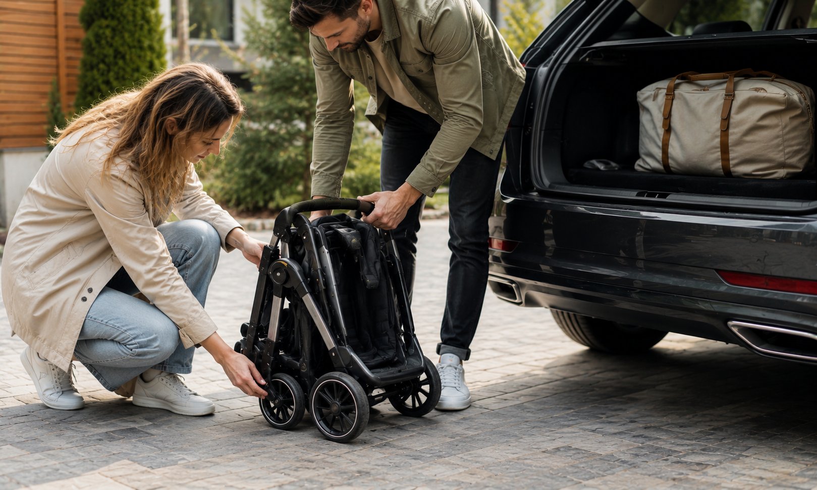 Eltern klappen einen Buggy neben einem geöffneten Autokofferraum zusammen