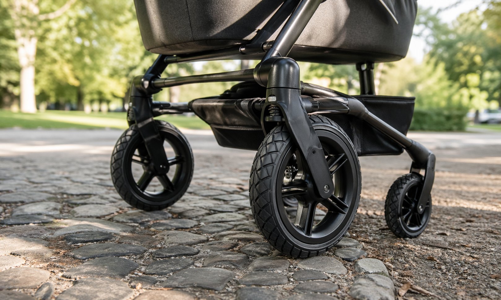 Detailansicht eines Buggys mit großen Rädern auf unebenem Weg