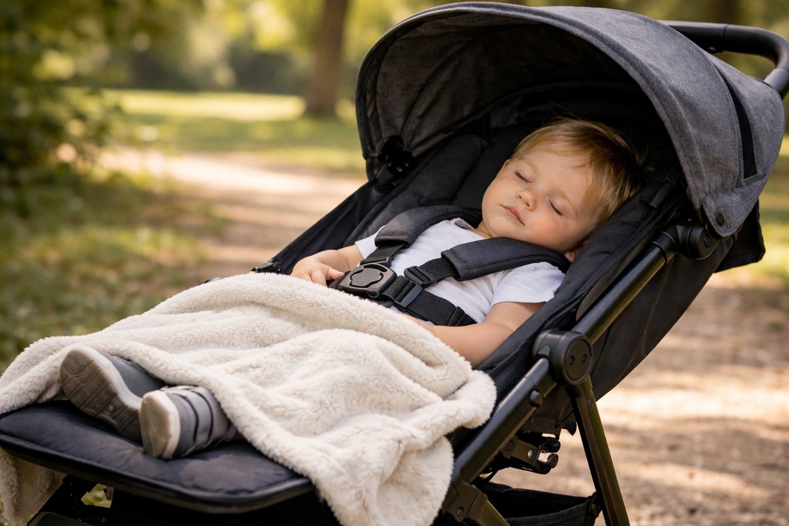 Kleinkind schläft entspannt in einem Buggy mit nach hinten geneigter Rückenlehne