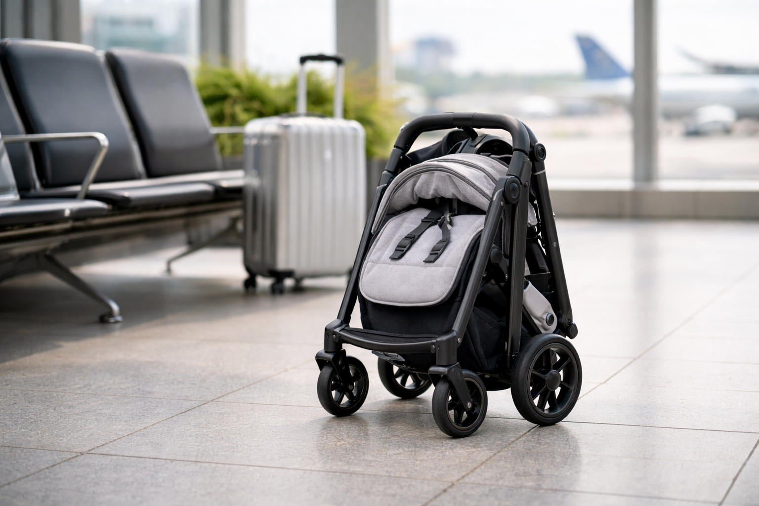 Moderner Kinderwagen im Flughafen