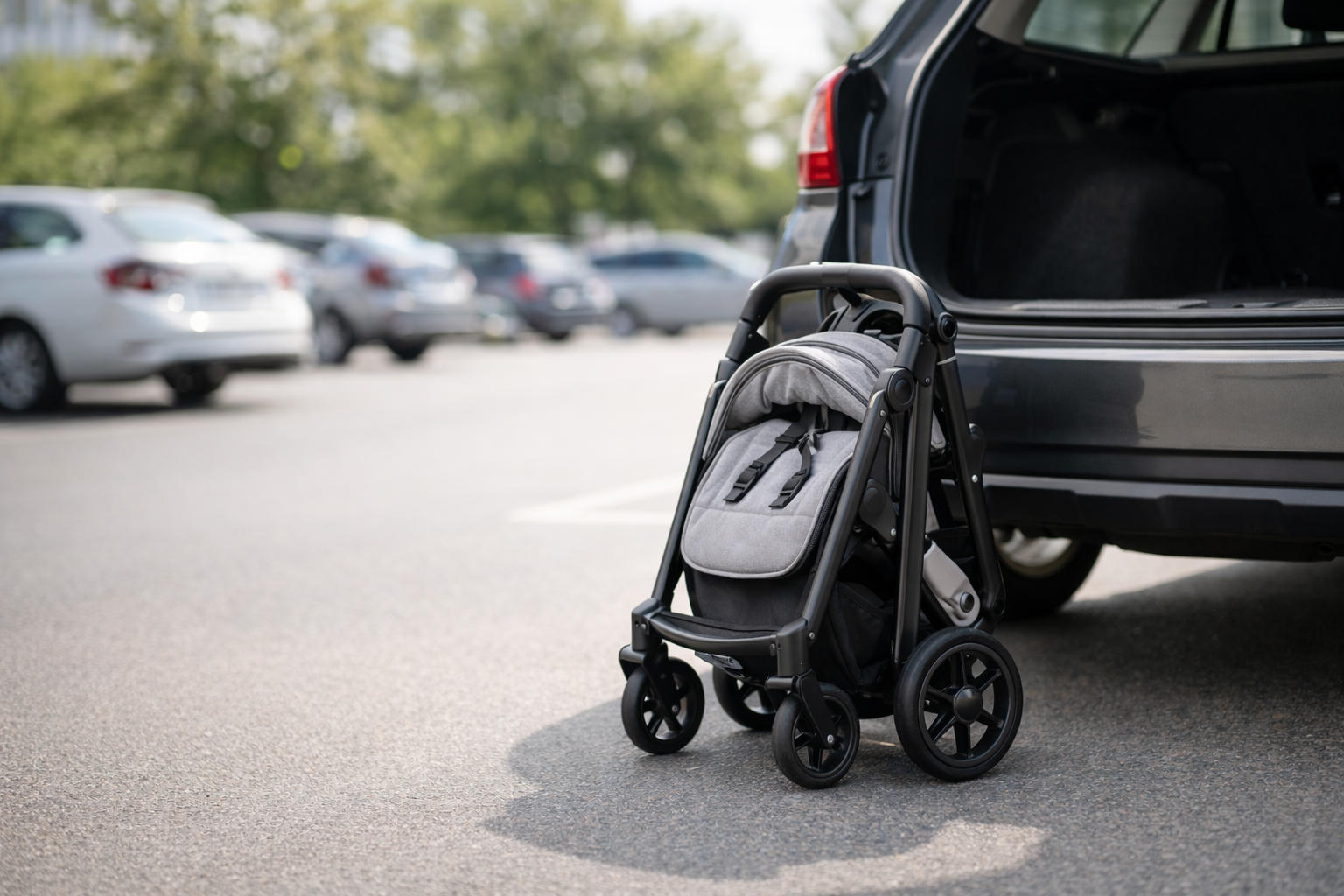 Kinderwagen neben geöffnetem Kofferraum