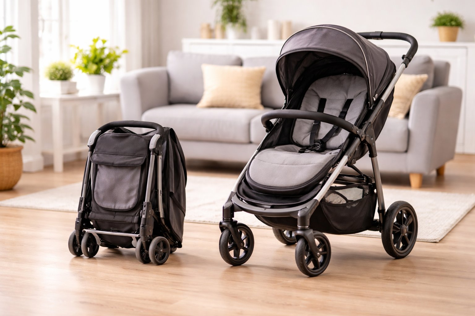 Zusammengeklappter Reisekinderwagen neben einem aufgeklappten normalen Buggy zum Größenvergleich