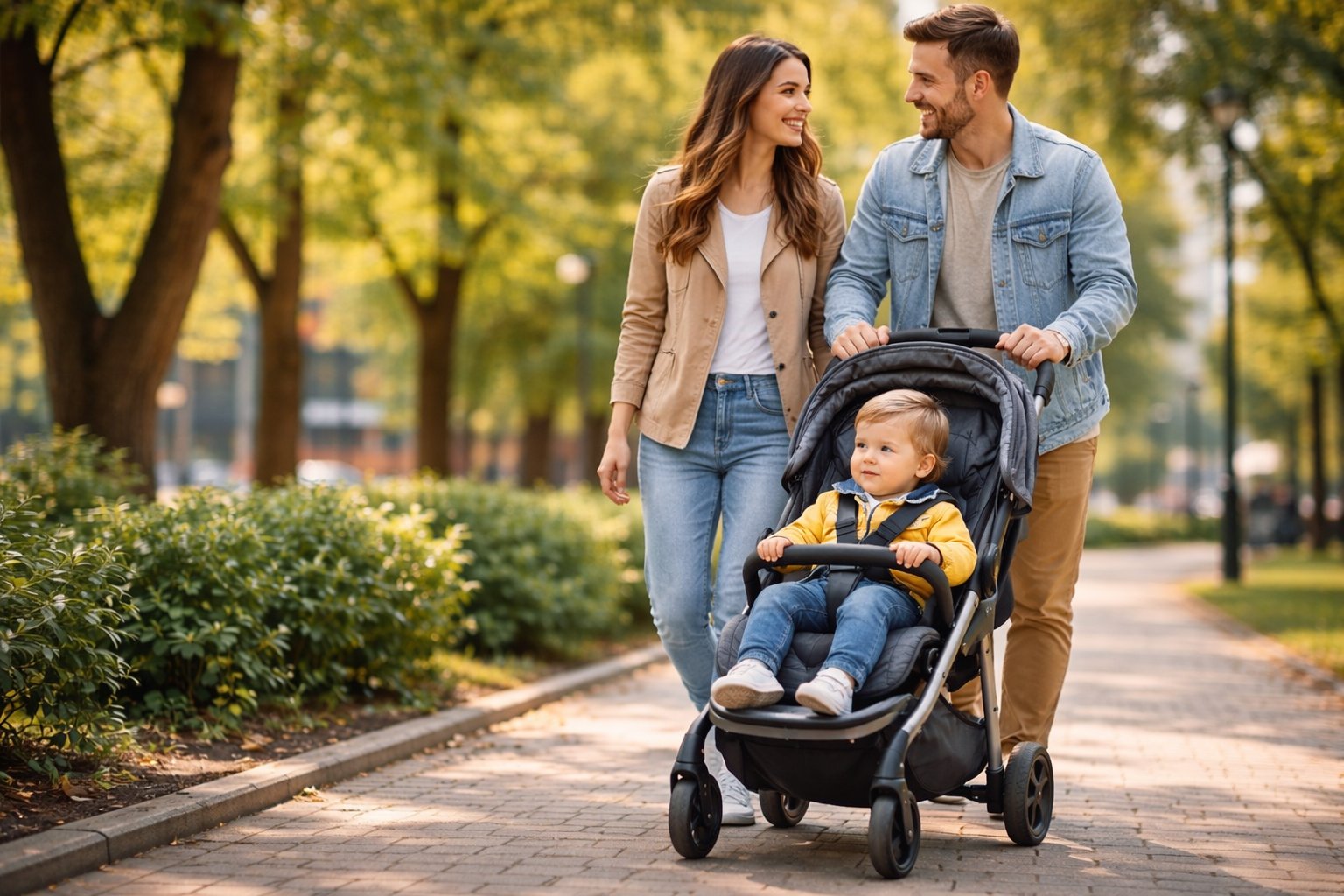 Eltern mit Kleinkind testen einen leichten Buggy im Park